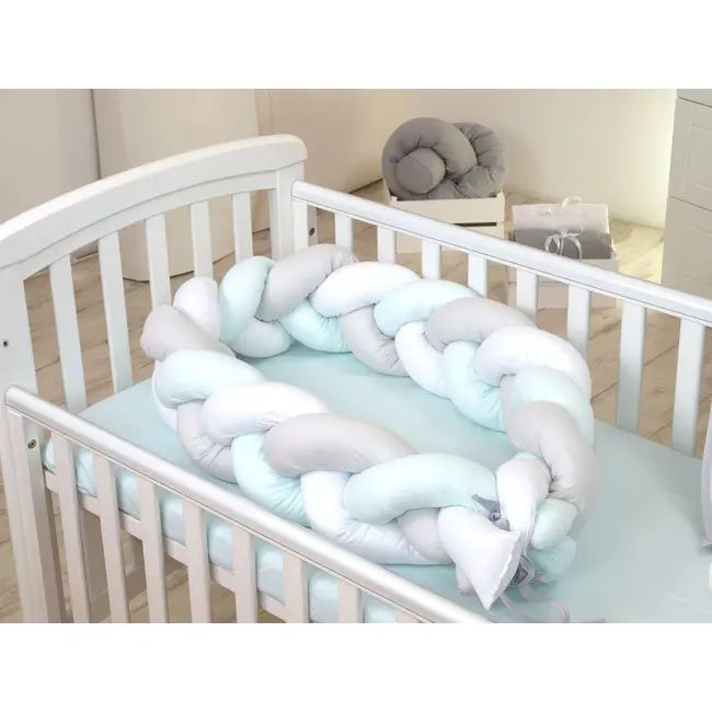 Aparatoare Laterala Pat Bumper Impletit, Cu Inchidere Velcro, Bumbac, Alb - Gri - Mint, 180x21 Cm Pjb63756