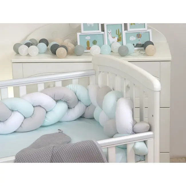 Aparatoare Laterala Pat Bumper Impletit, Cu Inchidere Velcro, Bumbac, Alb - Gri - Mint, 180x21 Cm Pjb63756