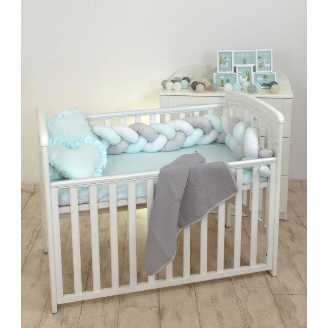 Aparatoare Laterala Pat Bumper Impletit, Cu Inchidere Velcro, Bumbac, Alb - Gri - Mint, 180x21 Cm Pjb63756