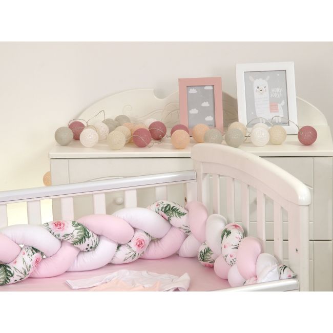Aparatoare Laterala Pat Bumper Impletit, Cu Inchidere Velcro, Bumbac,alb - Mint - Flori, 210x21 Cm Pjb65795