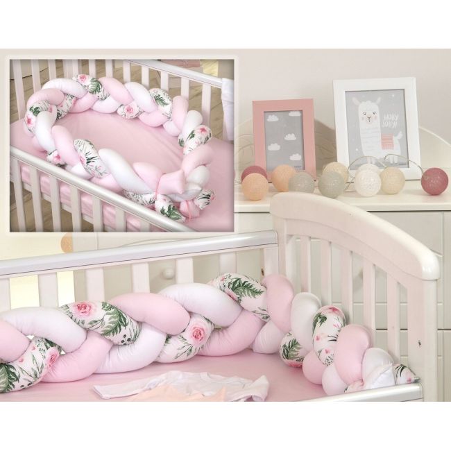 Aparatoare Laterala Pat Bumper Impletit, Cu Inchidere Velcro, Bumbac,alb - Mint - Flori, 210x21 Cm Pjb65795