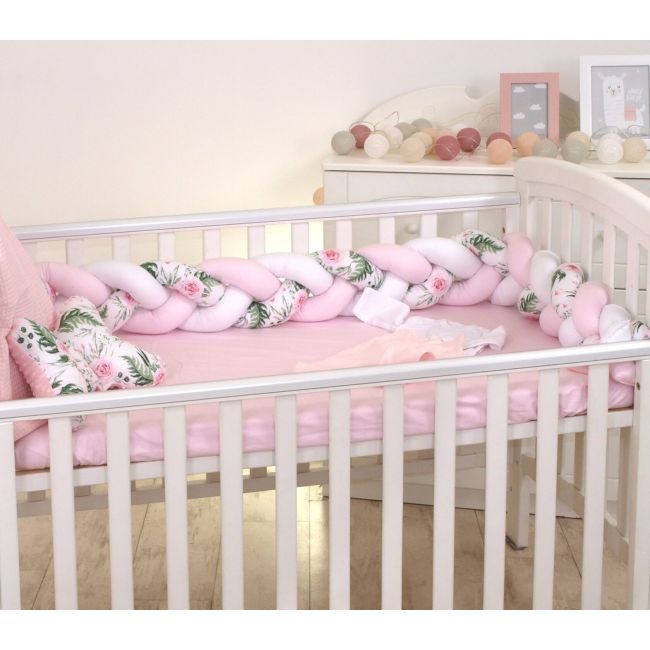 Aparatoare Laterala Pat Bumper Impletit, Cu Inchidere Velcro, Bumbac,alb - Mint - Flori, 210x21 Cm Pjb65795