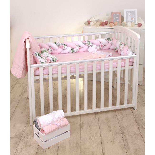 Aparatoare Laterala Pat Bumper Impletit, Cu Inchidere Velcro, Bumbac,alb - Mint - Flori, 210x21 Cm Pjb65795