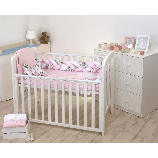 Aparatoare Laterala Pat Bumper Impletit, Cu Inchidere Velcro, Bumbac,alb - Mint - Flori, 210x21 Cm Pjb65795