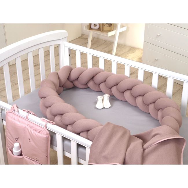 Aparatoare Laterala Pat Bumper Impletit, Cu Inchidere Velcro, Bumbac Tricot Rose, 180x21 Cm Pjb80569