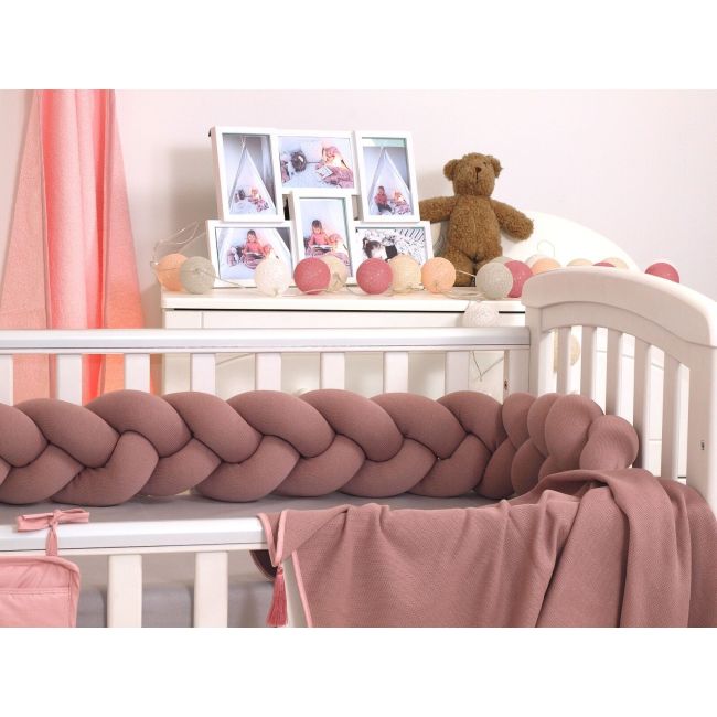 Aparatoare Laterala Pat Bumper Impletit, Cu Inchidere Velcro, Bumbac Tricot Rose, 180x21 Cm Pjb80569