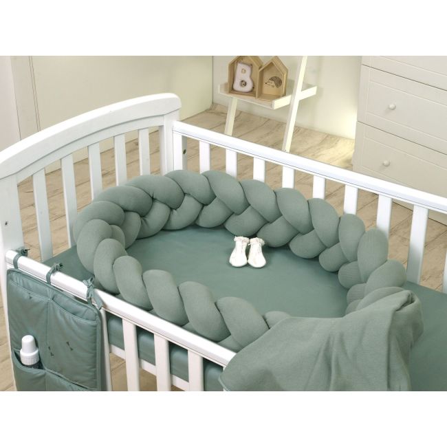 Aparatoare Laterala Pat Bumper Impletit, Cu Inchidere Velcro, Bumbac Tricot Verde Salvia, 180x21 Cm Pjb80571