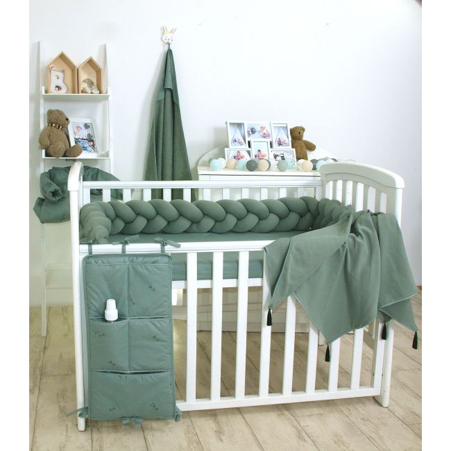 Aparatoare Laterala Pat Bumper Impletit, Cu Inchidere Velcro, Bumbac Tricot Verde Salvia, 180x21 Cm Pjb80571