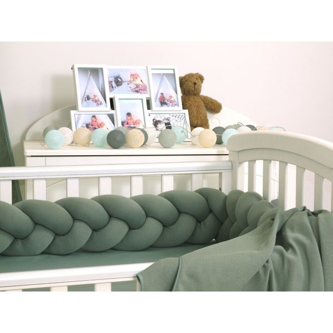 Aparatoare Laterala Pat Bumper Impletit, Cu Inchidere Velcro, Bumbac Tricot Verde Salvia, 180x21 Cm Pjb80571