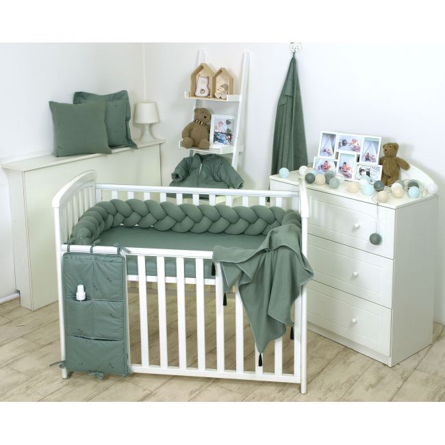 Aparatoare Laterala Pat Bumper Impletit, Cu Inchidere Velcro, Bumbac Tricot Verde Salvia, 180x21 Cm Pjb80571
