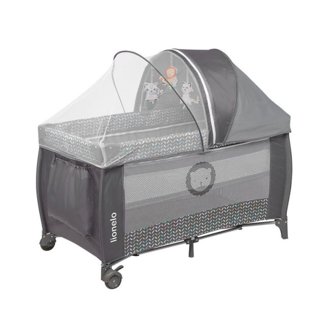 Lionelo - Patut pliant cu doua nivele Sven Plus, 120x60 cm, arcada jucarii, masuta de infasat, vibratii, melodii, Grey Scandi BYNLO-Sven Plus_Grey_Scandi