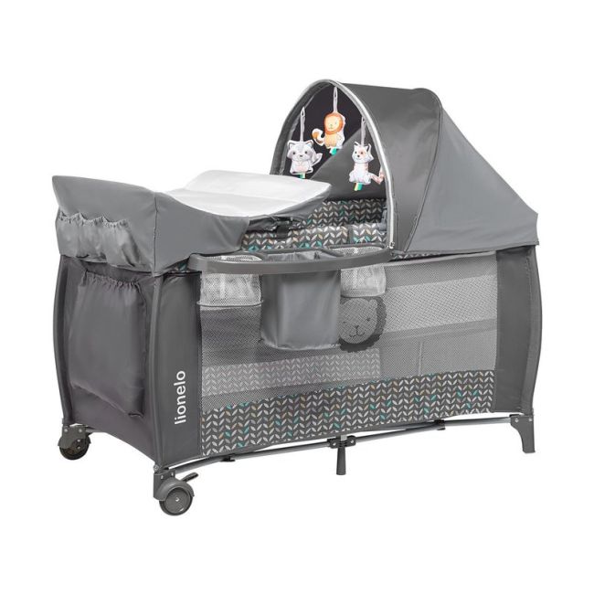 Lionelo - Patut pliant cu doua nivele Sven Plus, 120x60 cm, arcada jucarii, masuta de infasat, vibratii, melodii, Grey Scandi BYNLO-Sven Plus_Grey_Scandi