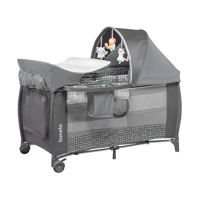 Lionelo - Patut pliant cu doua nivele Sven Plus, 120x60 cm, arcada jucarii, masuta de infasat, vibratii, melodii,&nbsp;Grey Scandi BYNLO-Sven Plus_Grey_Scandi