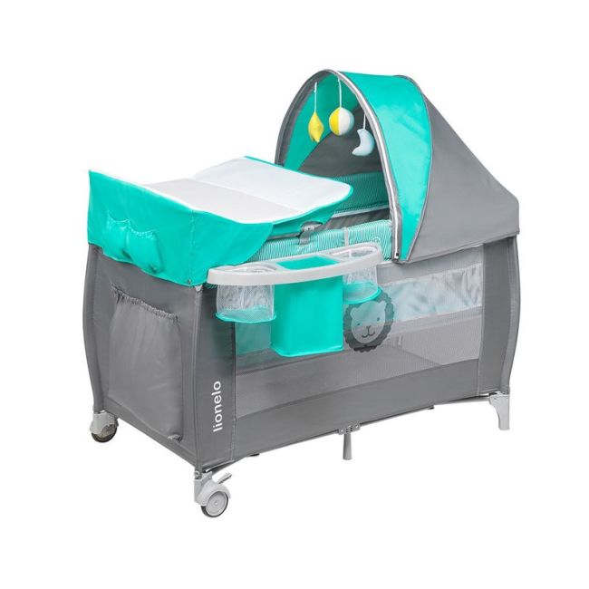 Lionelo - Patut pliant cu doua nivele Sven Plus, 120x60 cm, arcada jucarii, masuta de infasat, vibratii, melodii, Turcoaz/Gri BYNLO-SvenPlus_Tq/Grey