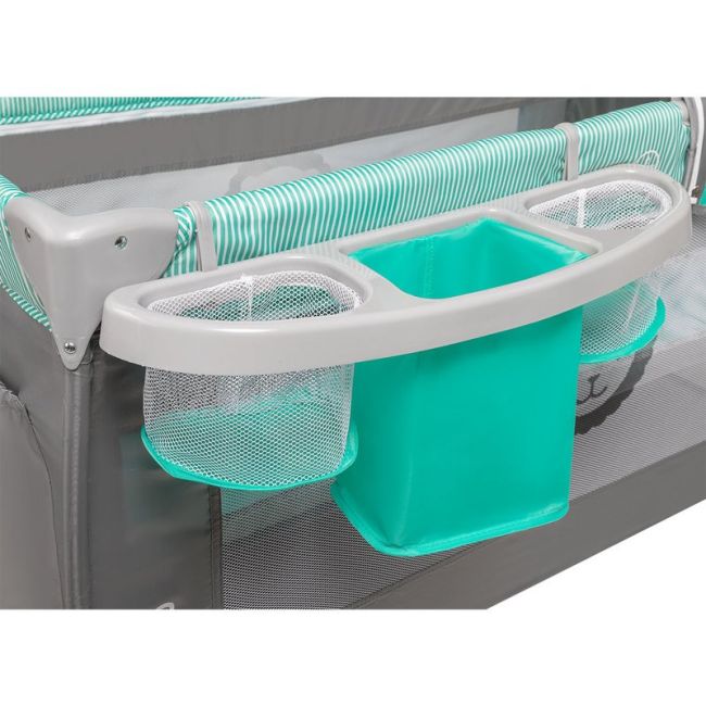 Lionelo - Patut pliant cu doua nivele Sven Plus, 120x60 cm, arcada jucarii, masuta de infasat, vibratii, melodii, Turcoaz/Gri BYNLO-SvenPlus_Tq/Grey