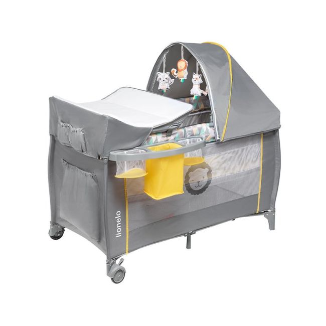 Lionelo - Patut pliant cu doua nivele Sven Plus, 120x60 cm, arcada jucarii, masuta de infasat, vibratii, melodii, Yellow Scandi BYNLO-Sven Plus_Yellow_Scandi