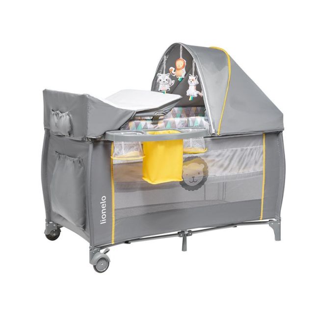 Lionelo - Patut pliant cu doua nivele Sven Plus, 120x60 cm, arcada jucarii, masuta de infasat, vibratii, melodii, Yellow Scandi BYNLO-Sven Plus_Yellow_Scandi