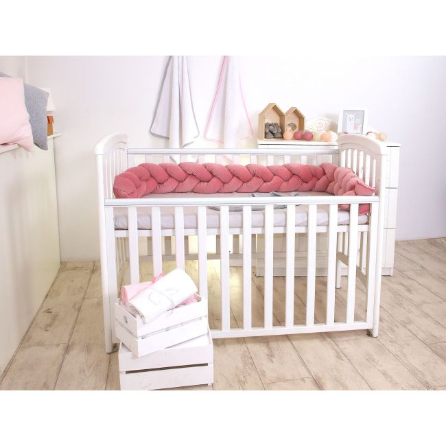 Aparatoare Laterala Pat Bumper Impletit, Cu Inchidere Velcro, Bumbac Velvet Roz, 180x21 Cm Pjb63760