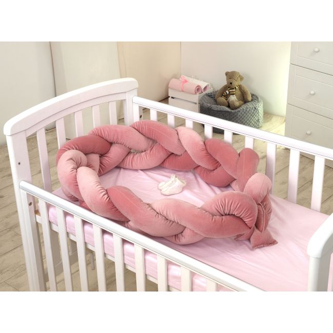 Aparatoare Laterala Pat Bumper Impletit, Cu Inchidere Velcro, Bumbac Velvet Roz, 340x21 Cm Pjb63991