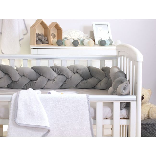 Aparatoare Laterala Pat Bumper Impletit, Cu Inchidere Velcro, Bumbac Velvet Gri, 210x21 Cm Pjb63763