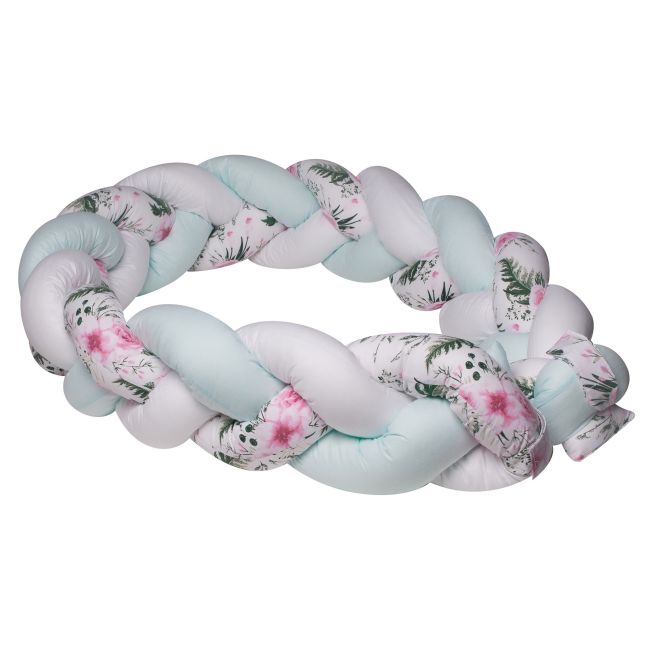 Aparatoare Laterala Pat Bumper Impletit, Cu Inchidere Velcro, Bumbac Alb - Mint - Flori, 340x21 Cm Pjb65846