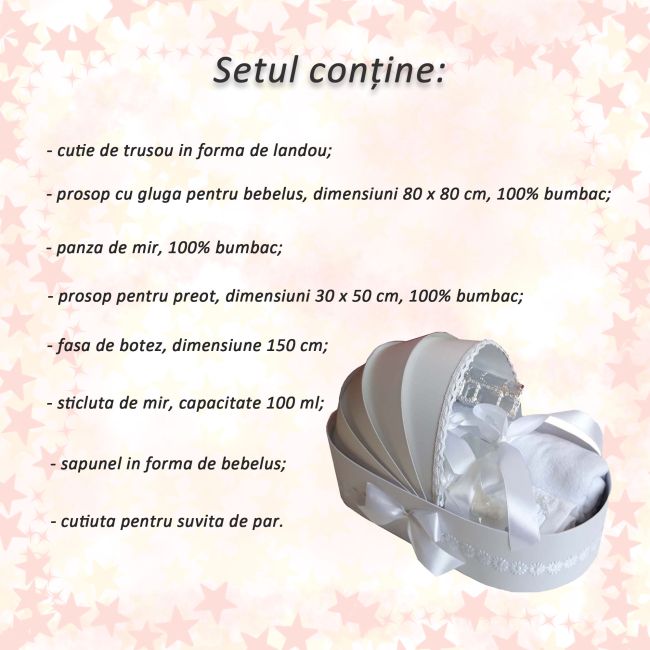 Trusou de botez complet Denikos® 130 unisex cu decor alb - NKO1685
