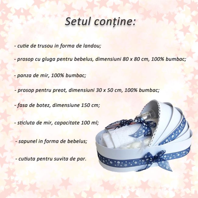 Trusou de botez model landou cu fundita bleumarin cu floricele pentru Baieti Denikos® Z150 NKO1705