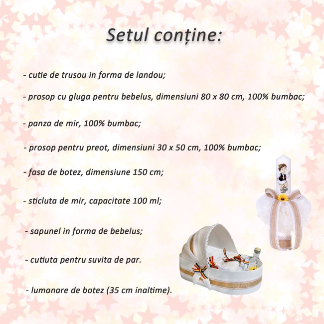 Set Trusou de Botez cu Lumanare si decor traditional in landou pentru Baietel Denikos 116 - NKO1671
