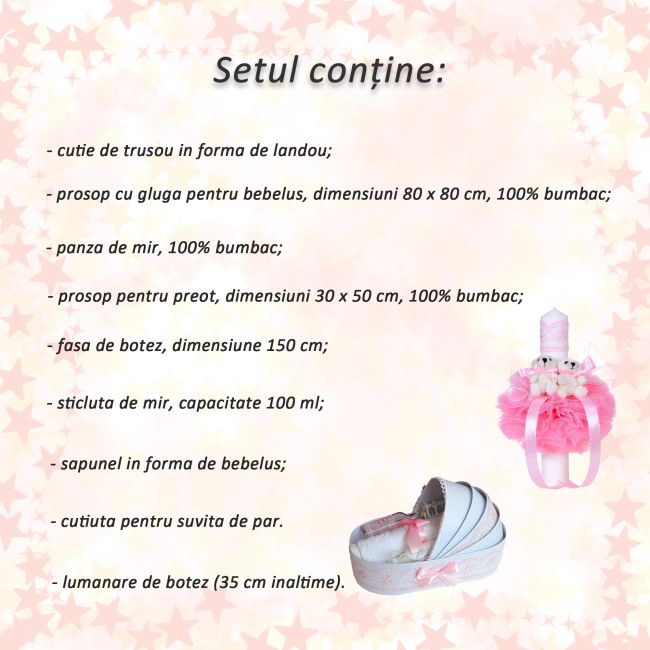 Pachet Trusou de botez tip landou cu lumanare glob si ursuleti decor roz pentru Fete Denikos®158 - NKO1713