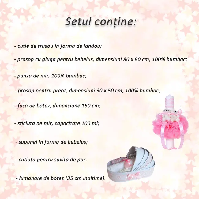 Pachet Trusou de botez tip landou cu lumanare glob si ursuleti decor roz pentru Fete Denikos&reg;158 - NKO1713
