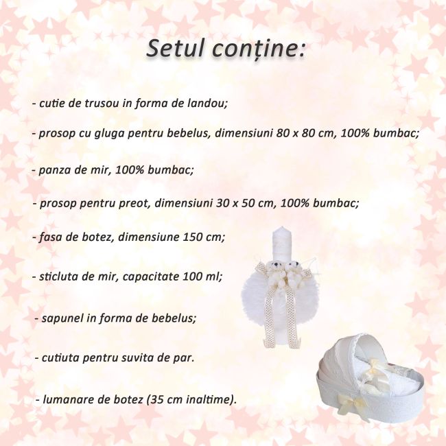 Set Trusou botez in landou si lumanare glob cu ursuleti decor ivoire Unisex Denikos® 157 - NKO1712