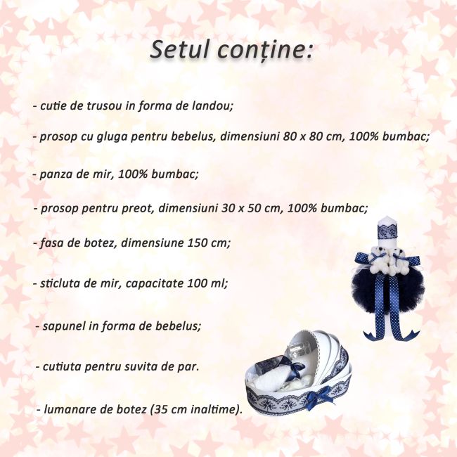 Pachet Trusou botez in landou si lumanare glob cu ursuleti Baieti decor bleumarin Denikos® 156 NKO1711