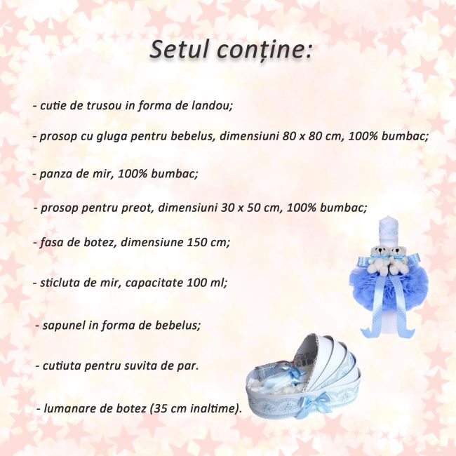 Set trusou botez si lumanare glob cu ursuleti in cutie landou cu decor bleu Baietel Denikos® 155 - NKO1710