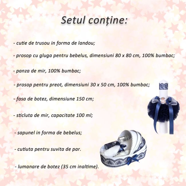 Set Trusou de Botez Baieti cu lumanare glob cu ingeras decor bleumarin in landou Denikos® 161- NKO1716