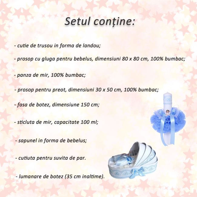 Pachet Trusou botez in landou si lumanare glob ingeras pentru baieti, decor bleu Denikos® 160 - NKO1715