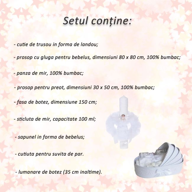 Trusou pentru botez in landou plus lumanare glob si ingeras decor alb Unisex Denikos® 163 - NKO1718