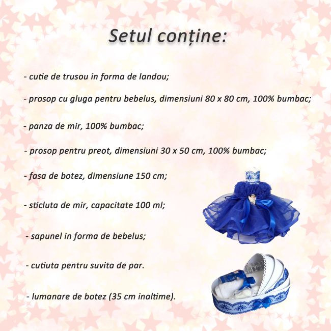 Set Trusou de botez Baietel cu lumanare dantela si ingeras, decor albastru Denikos® 164 NKO1719