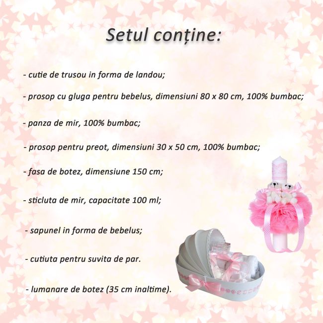 Set cu Trusou botez in landou si lumanare cu ursuleti pentru fetita Denikos® 42 - NKO1556