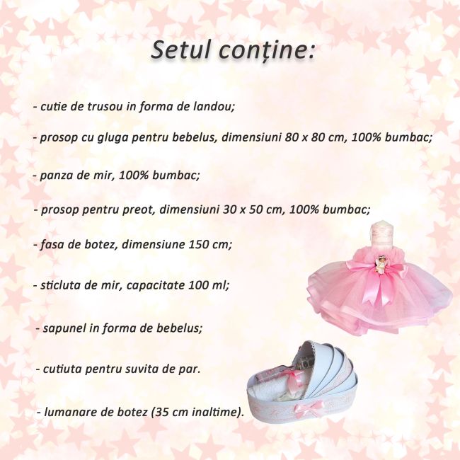 Pachet Trusou botez in landou si lumanare cu rochita si ingeras Denikos® 167 decor roz pentru Fetite - NKO1722