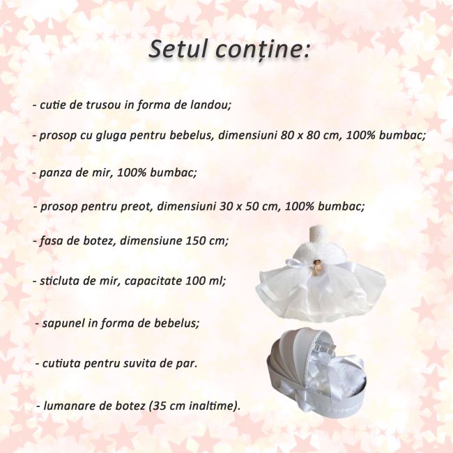 Pachet Trusou de botez in landou cu lumanare rochita  decor alb Unisex Denikos® 128 - NKO1683