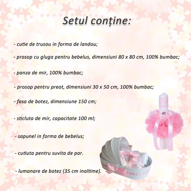 Trusou botez model landou cu  lumanare botez cu ingeras pentru Fete, decor roz cu buline Denikos® 114 - NKO1669
