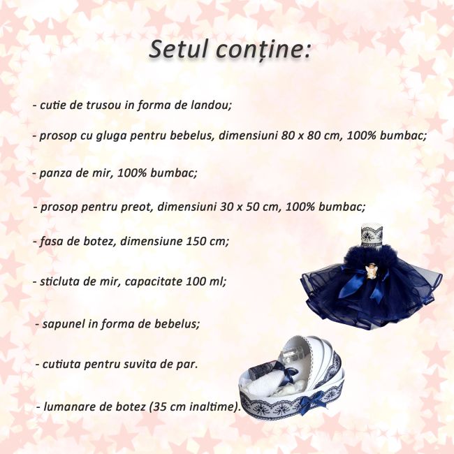 Pachet Trusou Botez in landou cu lumanare si ingeras Baietel decor bleumarin Denikos® 165 - NKO1720