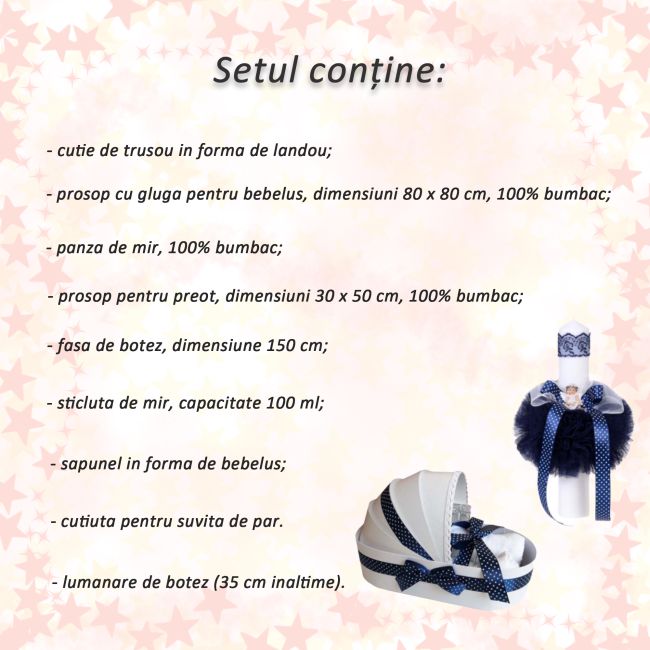 Set trusou de botez si lumanare botez in decor bleumarin pentru Baieti Denikos® 112 - NKO1667