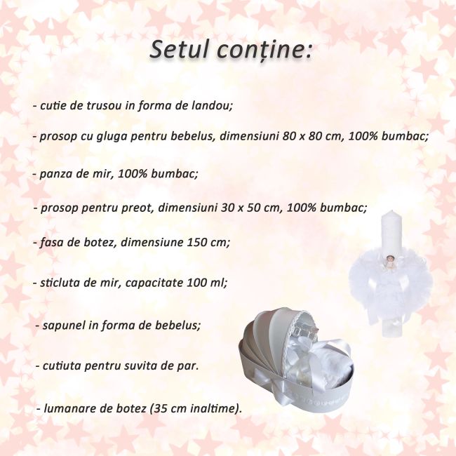 Set Trusou botez in landou cu lumanare si ingeras decor alb Unisex Denikos® 110 - NKO1665