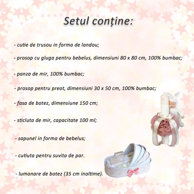 Set Trusou botez decor roz pudra pentru Fete si lumanare cu iepuras in cutie landou Denikos® 170 - NKO1725