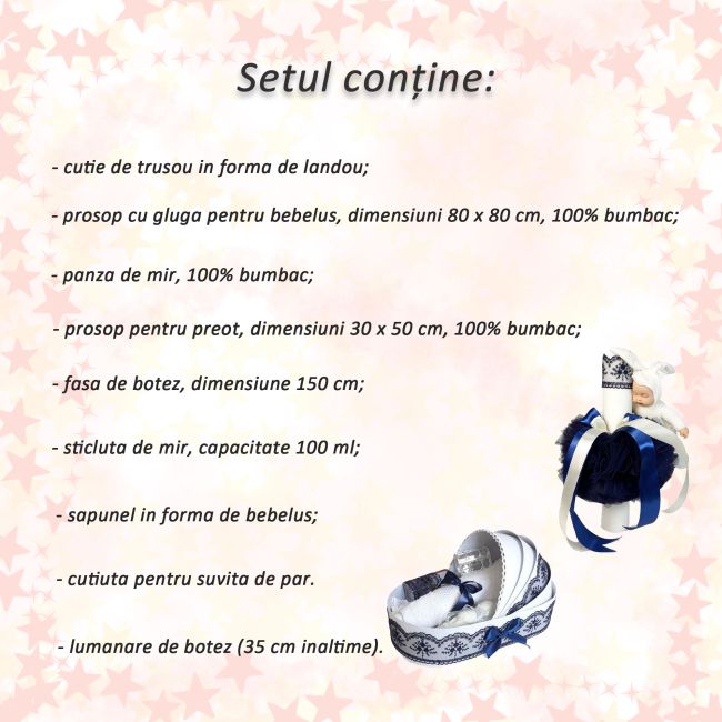 Pachet trusou botez landou si lumanare cu iepuras bleumarin pentru Baieti Denikos® 172 - NKO1727