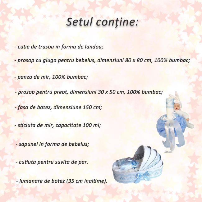 Set Trusou Botez model landou cu lumanare si iepuras pentru baieti decor bleu Denikos® 171 - NKO1726
