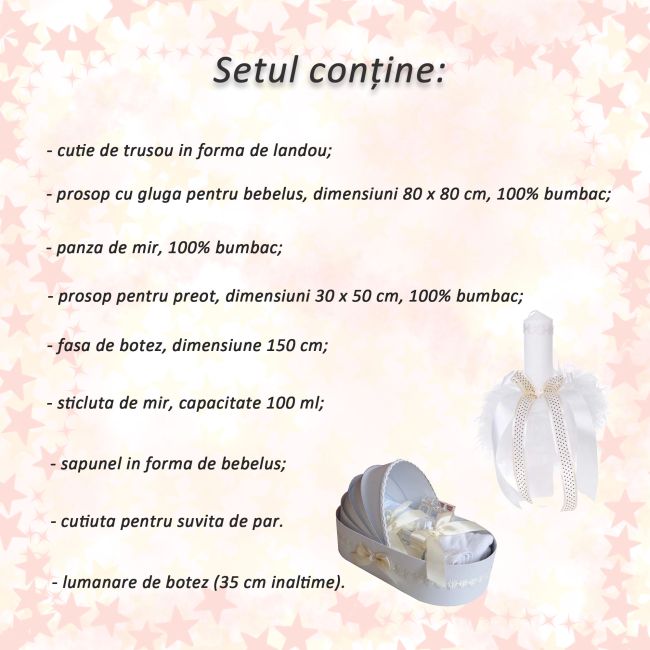 Trusou de botez in landou plus lumanare cu floricele si fundite crem Unisex Denikos® 104 - NKO1659