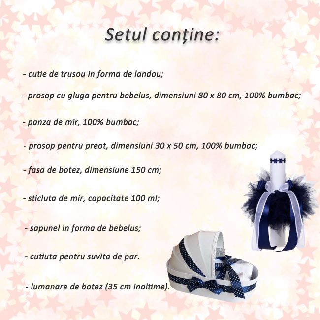 Set Trusou botez model landou si lumanare cu floricele si decor bleumarin pentru Baieti Denikos® 103 - NKO1658