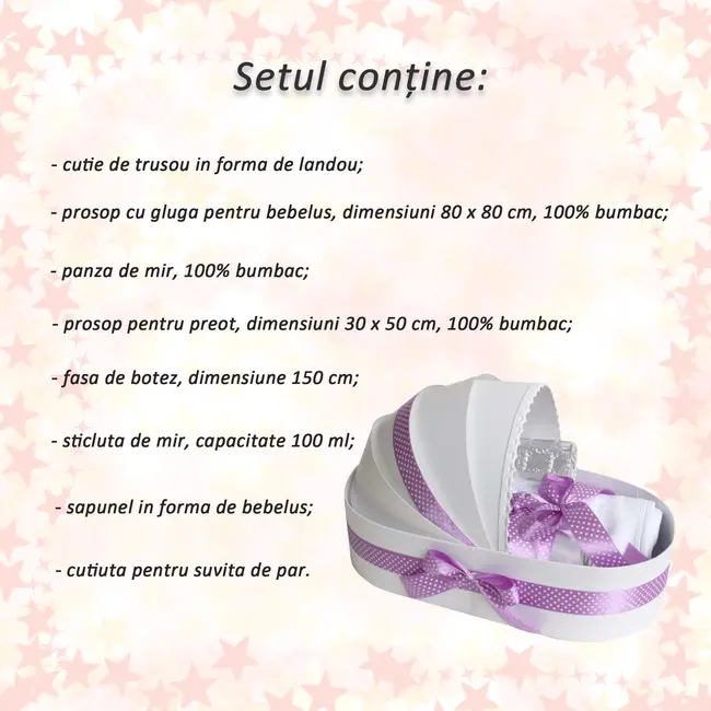 Trusou botez complet pt Fetita model landou cu decor lila si buline Denikos® 135 - NKO1690